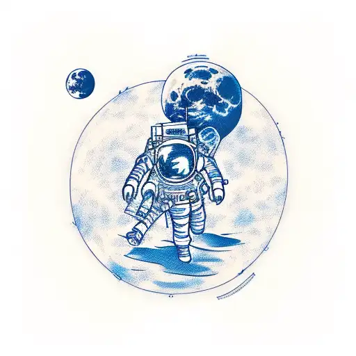 Fine Line Tattoo Style Of An Astronaut Sitting On A Round Moon Below Him
