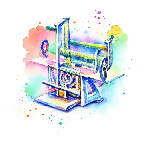 A Watercolor Design Of A Printing Press With Musical Notes Intertwined