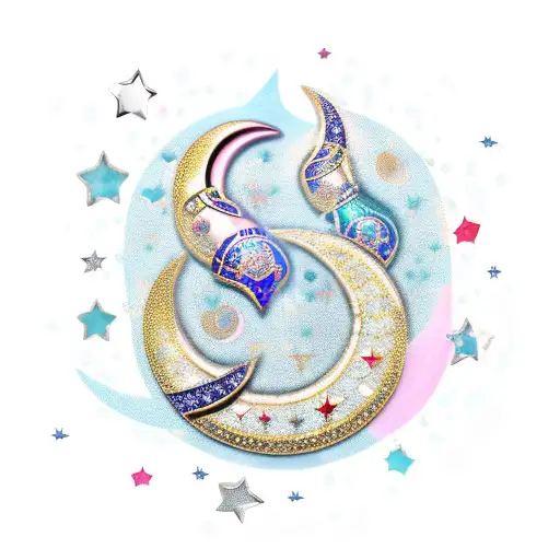 Crescent Moon And Stars With Jewels And Chains Dripping