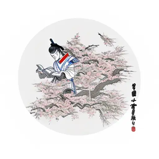 A Samurai Warrior Reading A Book Under A Cherry Blossom Tree
