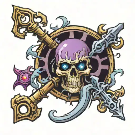 Skeleton Key With Twin Tourches And Hecates Wheel And A Pair Of Floating Purple Eyes