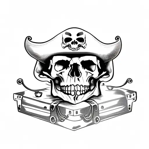 Pile Of Skulls With A Treasure Chest Ontop And A Skelton Pirate Wearing A Hat