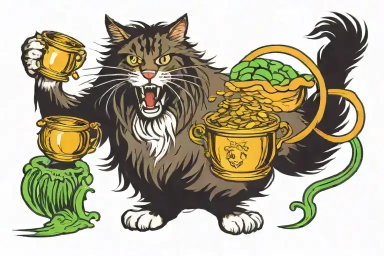 Angry Tabby Norwegian Forest Cat Chasing A Pot Of Gold