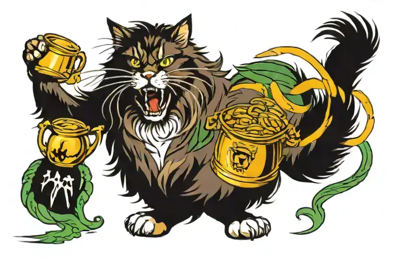 Angry Tabby Norwegian Forest Cat Chasing A Pot Of Gold
