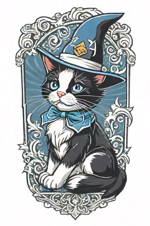 A Blue-eyed Black And White Tuxedo Cat Wearing A Wizard Hat Sitting