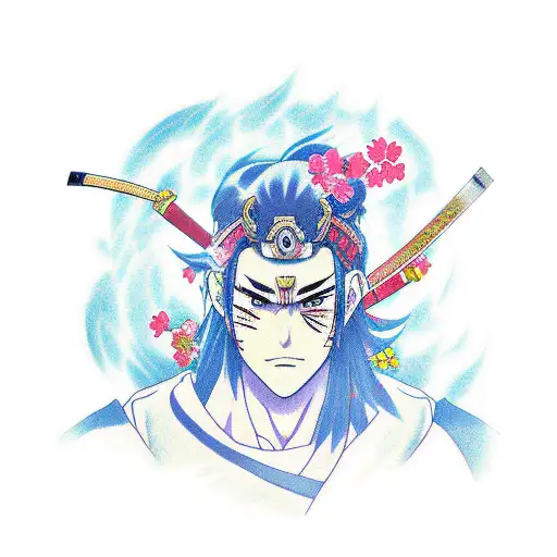 An Anime-style Tattoo Showcasing A Powerful Samurai Guardian Surrounded By Sakura Petals