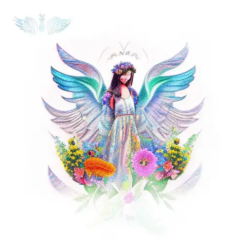 A Vibrant And Colorful Tattoo Of Angel Wings Surrounded By A Garden Of Flowers And Butterflies