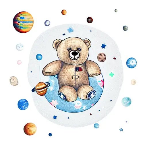 An Animated Teddy Bear Floating In Space Surrounded By Planets And Stars