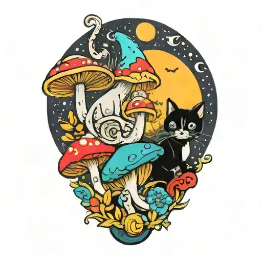 Colorful Mushroom With Black Cat And Moon