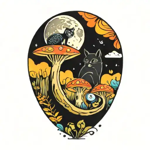 Moon With Black Cat And Colorful Mushrooms