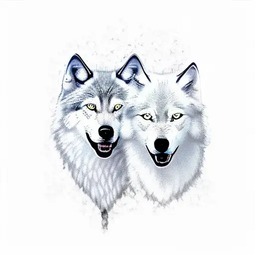 One White Wolf And One Black Wolf Smilling Happy Together Beautiful
