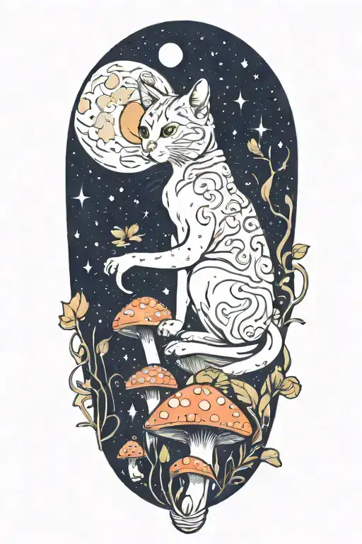 Cat And Mushrooms With Moon