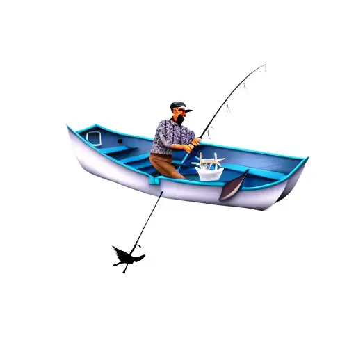 A Man Fishing In A Boat And A Seagull Over Him