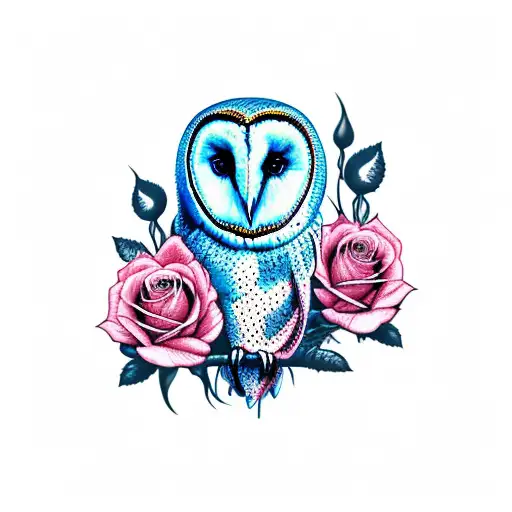 Barn Owl Between A Black Rose And A Red Rose