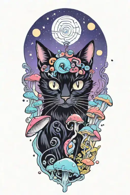Black Cat With 3 Eye Balls And Trippy Colorful Mushrooms With Moon Melting