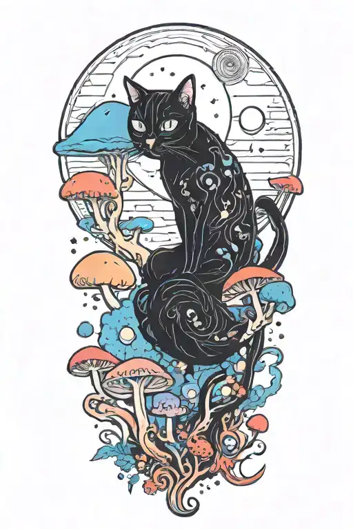 Black Cat With 3 Eyes And Trippy Colorful Mushrooms With Moon Melting