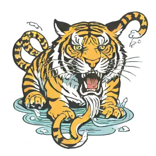 Tiger Eating An Eel In A Stream