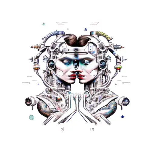 Cyborg Gemini Sisters Faces Conjoined Holding Hands