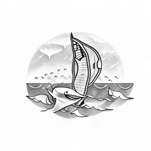 A Blackwork Tattoo Of A Fishing Boat Sailing Towards A Giant Shark Fin Emerging From The Water