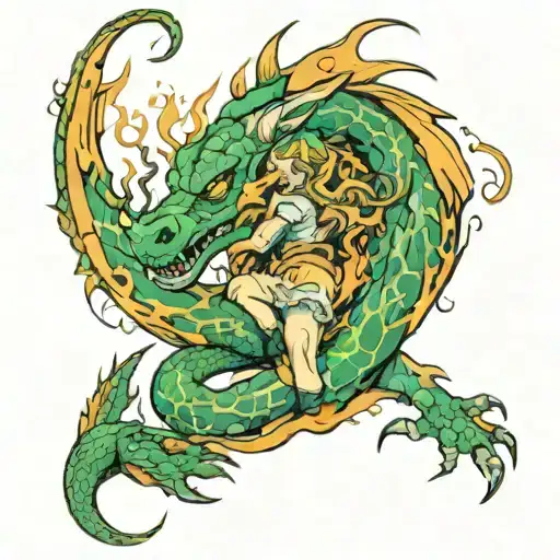 A Girl In The Skin Of A Dragon Burning In A Fire