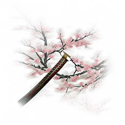 Japanese Samurai Sword With Cherry Blossoms Wrapping Around It