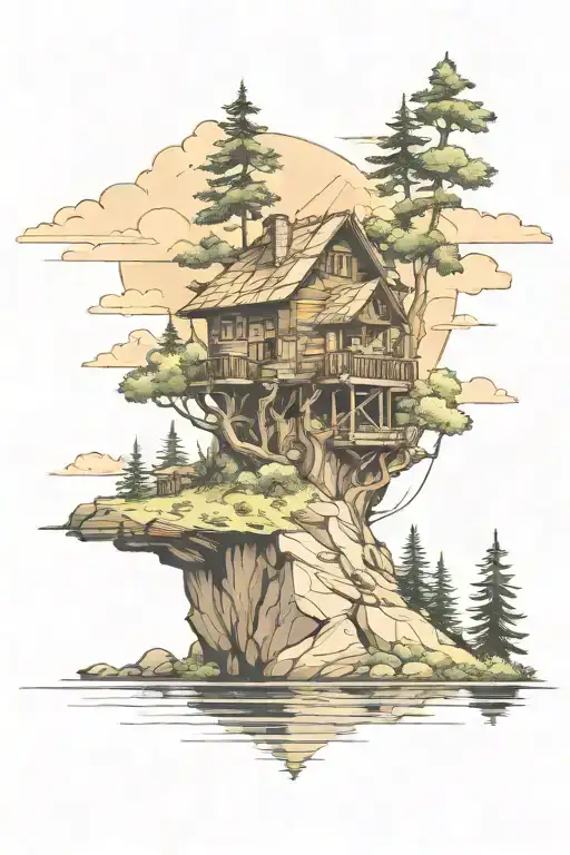 Cabin On An Island In The Middle Of A Lake With Mountains In The Background