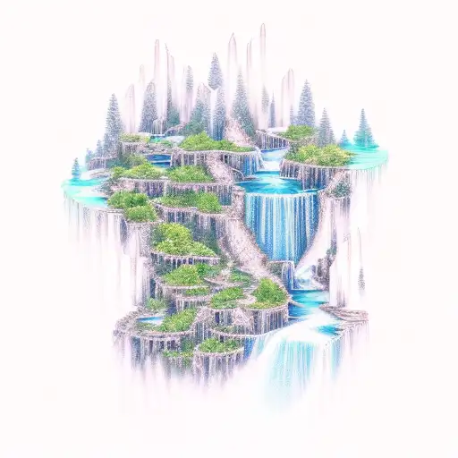 Spiritual Representation Of A Waterfall Flowing Into A Crystal-filled Lake