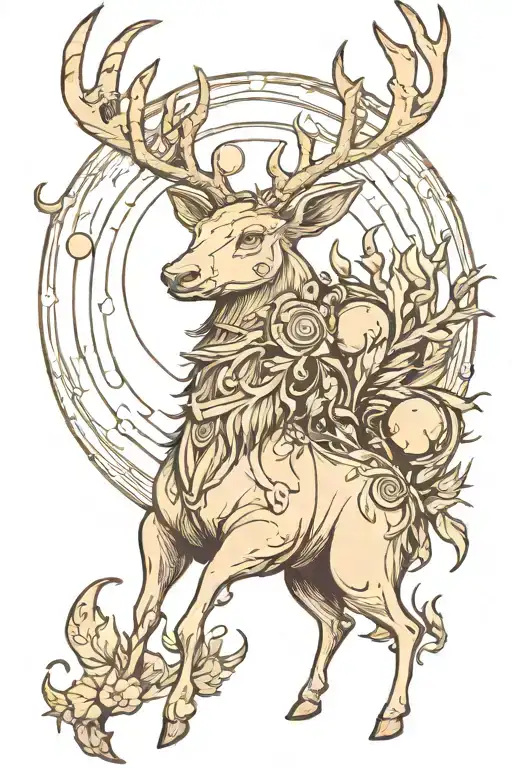 Fantasy Creature With Antlers And Moon And Forest