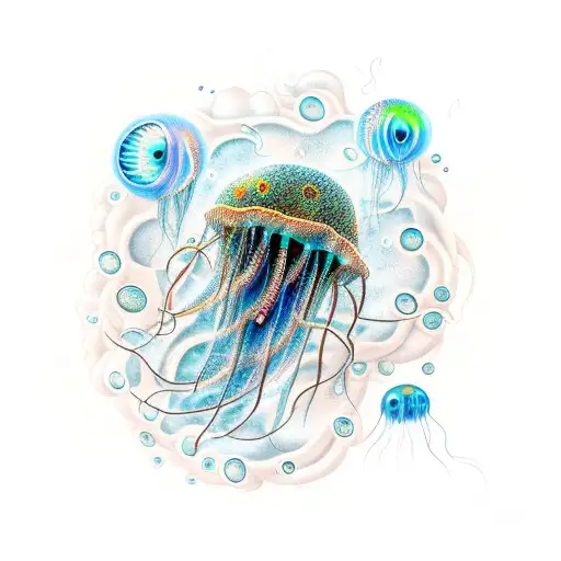 Cyborg Jellyfish With Background Of Atlantis Underwater