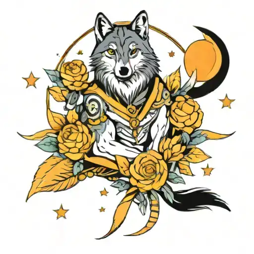 Wolf Whit Flowers Wraping Whit A Moon And Stars And Zoidac Sing Of Libra