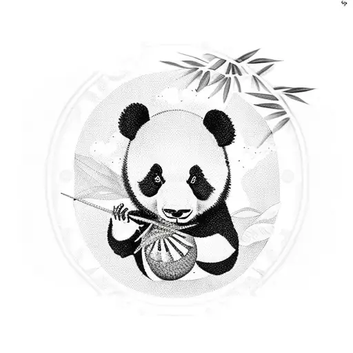A Dotwork Tattoo Of A Panda Bear Playing A Traditional Jamaican Instrument