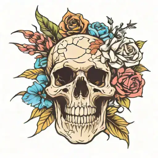 Broken Skull Head With Flowers