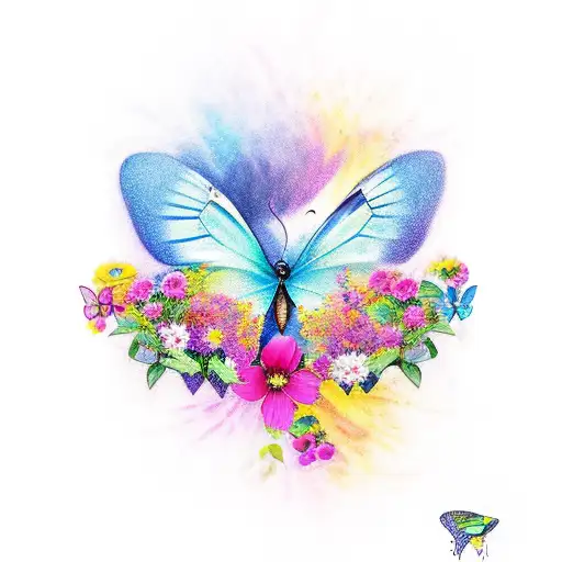 A Colorful And Vibrant Tattoo Of A Beautiful Butterfly Surrounded By Blooming Flowers