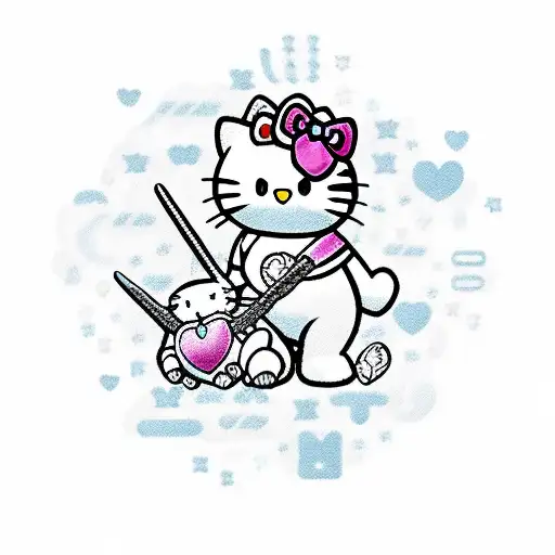 Hello Kitty Riding A Unicorn Holding A Battle Axe And The Head Of A Care Bear