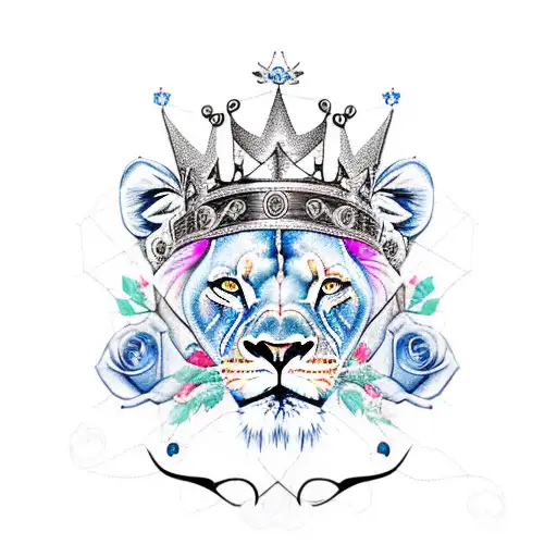 Lioness Queen With A Crown And With Blue Eyes And Roses Around