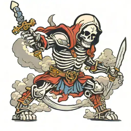 A White Skeleton In Armor Holding A Long Sword Pointing Down And Below His Feet Some Clouds