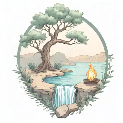 A River With A Campfire An Olive Tree On Either Side Of It Waterfalls Down The Front