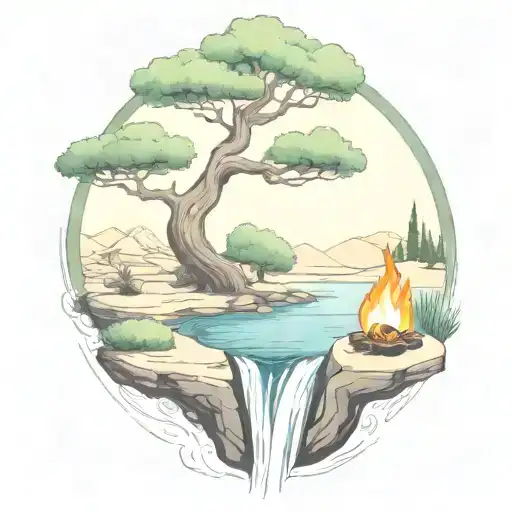 A River With A Campfire An Olive Tree On Either Side Of It Waterfalls Down The Front