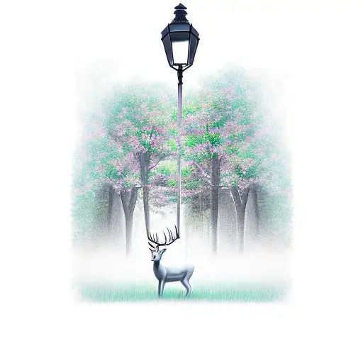 Realistic Depiction Of A Serene Forest With A Central Lamppost And A Majestic White Deer