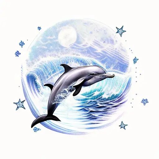 A Dolphin Leaping Out Of An Ocean Wave With A Moon And Stars In The Background