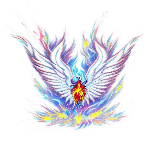 Phoenix With Open Red Flamed Wings And Blue Watery Feet