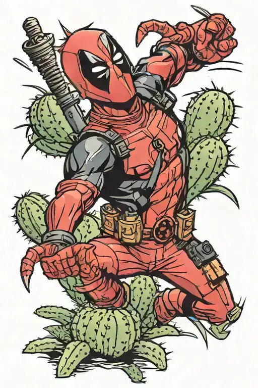 Deadpool Fighting A Cactus Shaped Like Illustration