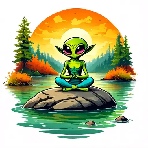Cute Little Green Alien Meditating On A Rock In The Shallow Part Of A River During Autumn