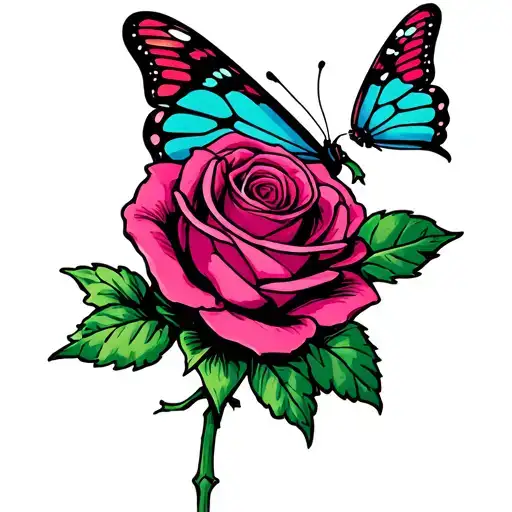 Rose With Butterfly Hovering The Rose