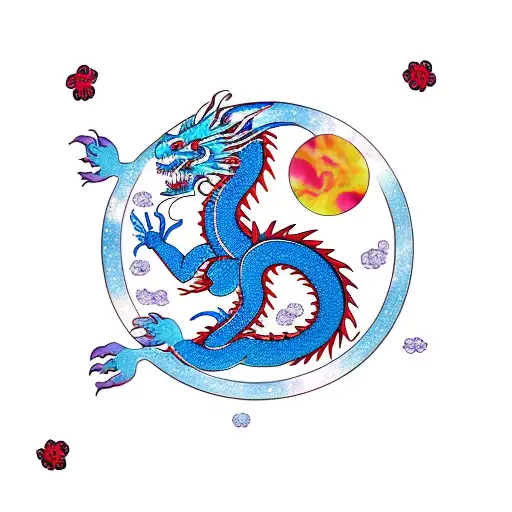 Dragon Circling The Cherry Blossom Tree Of Life With A Japanese Sun In The Background