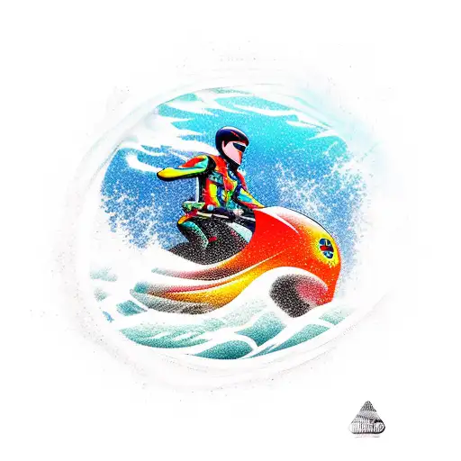 A Colorful New-school Tattoo Of A Motorcycle Riding On Waves In The Ocean