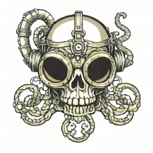 Skull Wearing Scuba Diving Mask With Tentacles Coming Out From The Eye Socket