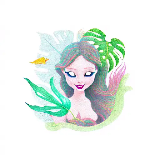 Ariel The Mermaid And Monstera Leaves