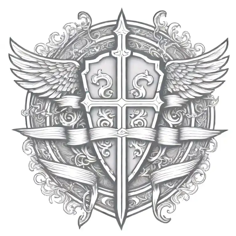 Templar Shield And Sword With Wings Behind A Cross With Ribbon