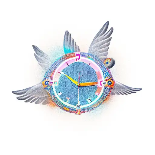 A Clock With Wings Symbolizing 'Time Flies' And A Vibrant Background In New-school Style